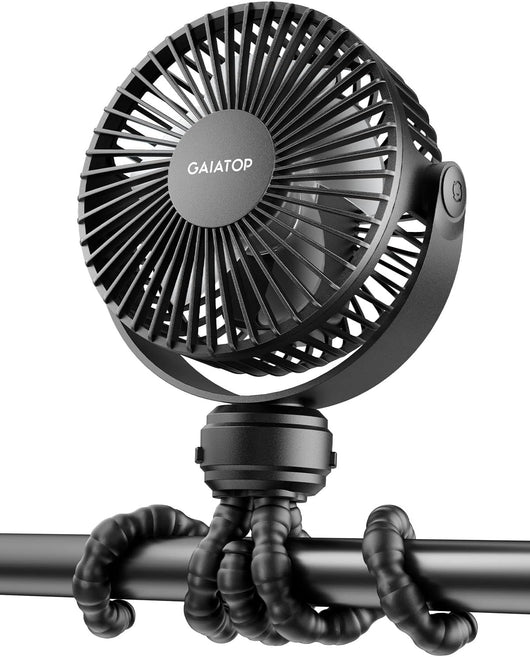Portable rechargeable stroller fan with flexible tripod and adjustable airflow