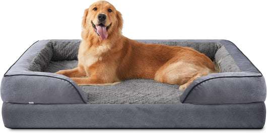Large grey orthopedic dog bed with raised sides and plush sleeping surface