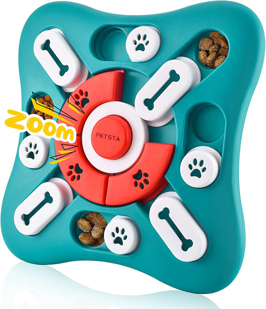 Interactive dog puzzle toy with sliding treat compartments and center squeaker