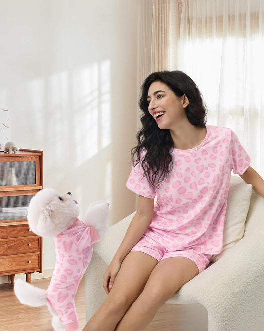 Leopard Matching Dog & Owner Pajamas Set | Women Loungewear Short Sleeve Sleepwear