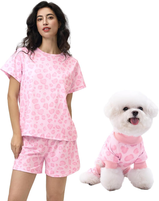 Leopard Matching Dog & Owner Pajamas Set | Women Loungewear Short Sleeve Sleepwear