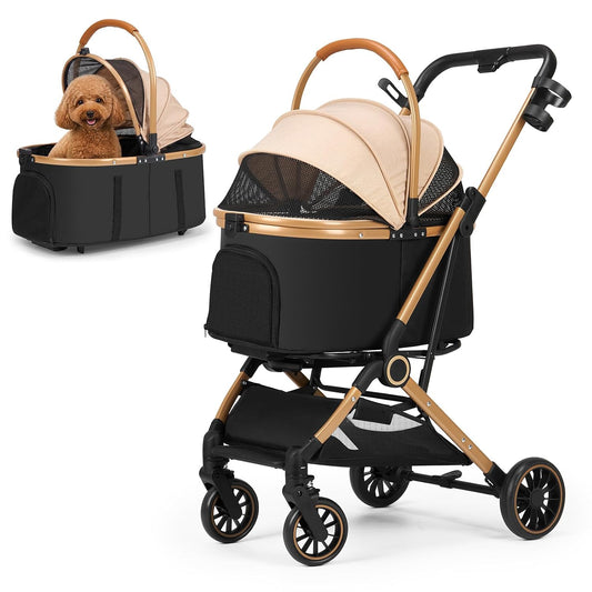Small dog stroller with detachable carrier for outdoor travel