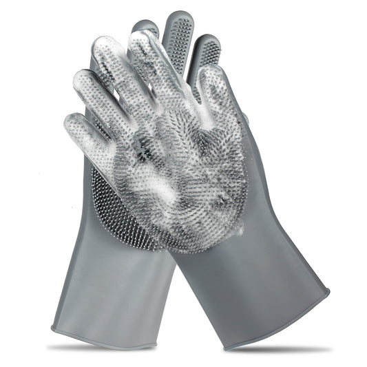Five-finger pet grooming glove with soft silicone tips designed for deshedding, bathing, brushing, and massaging dogs, cats, rabbits, and horses