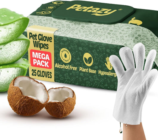 Petazy hypoallergenic pet glove wipes for dogs and cats with aloe and coconut oil, 25 pack
