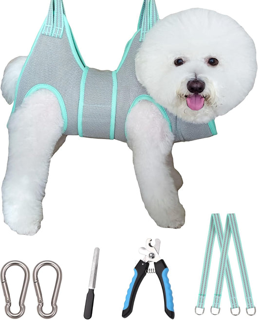 Gray dog grooming hammock nail trimming sling for small dogs
