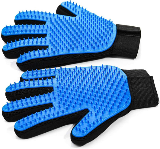 Blue 2-pack pet hair removal grooming gloves with soft silicone nubs for deshedding, bathing, massaging, and grooming dogs and cats.