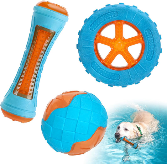 Three floating squeaky dog pool toys with ball dumbbell and tire for summer water fetch