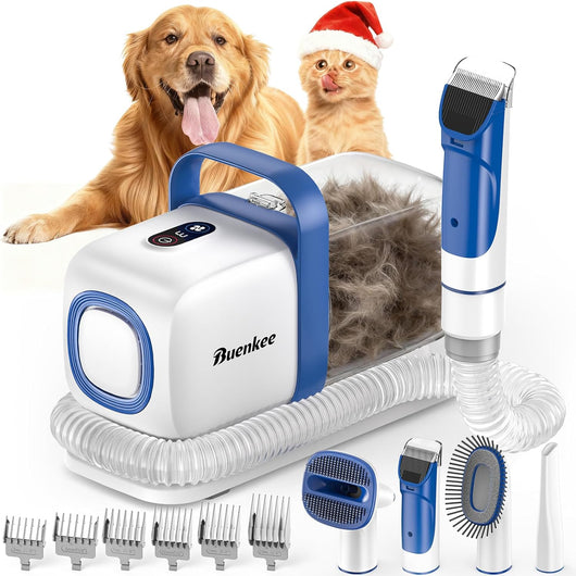 buenkee white dog grooming vacuum kit with pet hair clipper, shedding brush and 2L hair collection cup