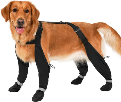 Black water-resistant large dog boots with suspender straps