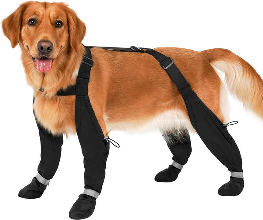 Black water-resistant large dog boots with suspender straps