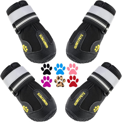 Black rugged dog boots with reflective straps and slip-resistant soles