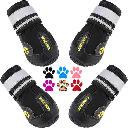 Black rugged dog boots with reflective straps and slip-resistant soles