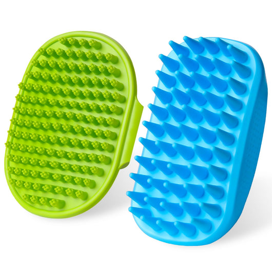 2-pack silicone dog bath brush set with adjustable hand strap for grooming, deshedding, shampooing, and pet massage.