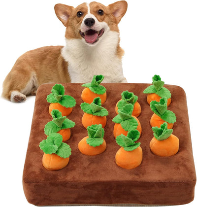 Interactive carrot snuffle mat with twelve treat hiding toys for dogs
