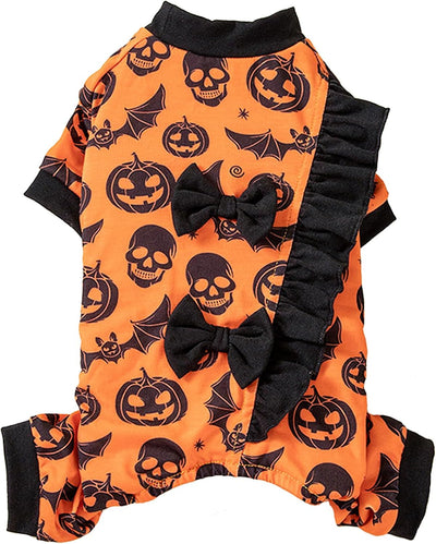 Orange four-leg Halloween dog pajamas with black pumpkin, bat and skull print, decorative bows and a layered black ruffle.