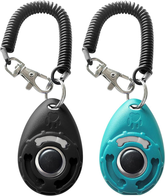 Black and blue dog training clickers with spring wrist straps and keyrings
