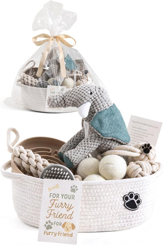 New puppy welcome gift basket with chew toys and bowl