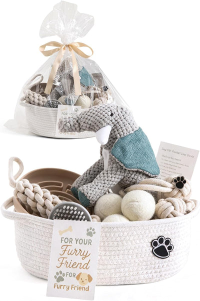 New puppy welcome gift basket with chew toys and bowl