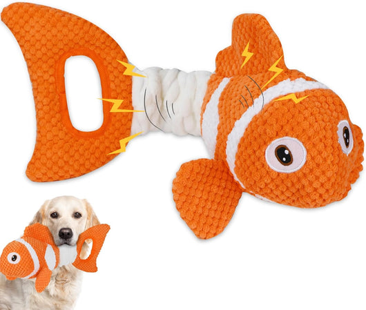 Squeaky clownfish plush dog tug toy with crinkle body and handle