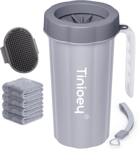 Large dog paw cleaner cup with ergonomic handle designed to remove mud, dirt, and debris from paws after walks, hikes, and outdoor activities.
