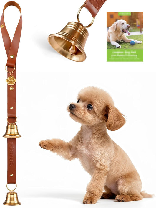 Leather dog potty training bell set with two large brass bells