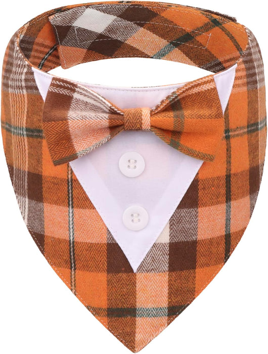 Orange plaid dog tuxedo bandana with matching bowtie and white button-front detail for Thanksgiving and Halloween parties
