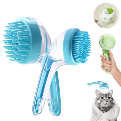 2-pack pet bath brushes with built-in shampoo dispensers, featuring coarse and fine grooming teeth for cleaning, massaging, and deshedding dogs and cats.