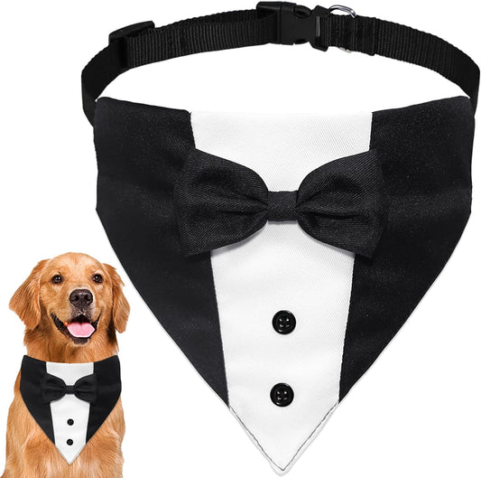 Dog Tuxedo Suit with Bow Tie – Adjustable Formal Dog Bandana Collar for Weddings, Parties & Special Occasions