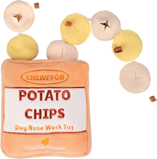 Scent training dog puzzle toy with hide and seek snuffle strings and interactive crinkle potato chip bag