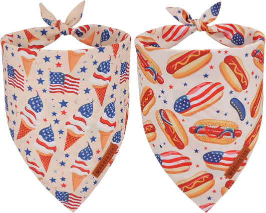 Cream, red and blue patriotic dog bandana set for medium and large dogs, featuring ice cream and hot dog prints for 4th of July celebrations