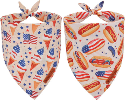Cream, red and blue patriotic dog bandana set for medium and large dogs, featuring ice cream and hot dog prints for 4th of July celebrations