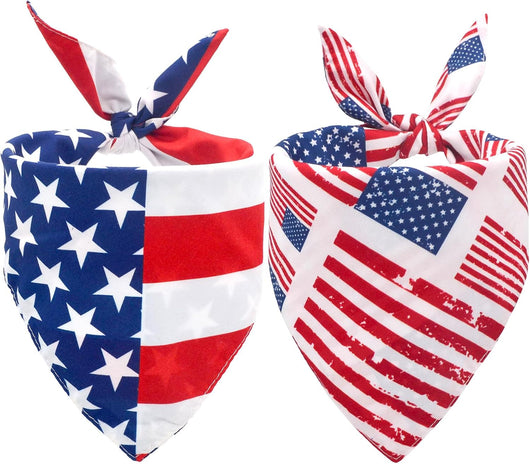 Two red, white and blue patriotic dog bandanas with American flag patterns for a 4th of July dog outfit
