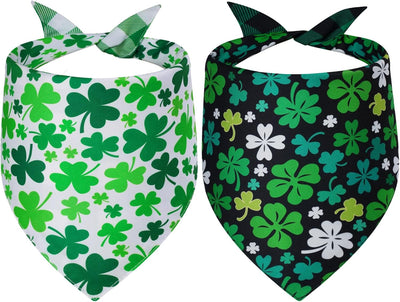 Two green, white and black shamrock dog bandanas for large dogs to wear at St Patrick’s Day parties and holiday photoshoots
