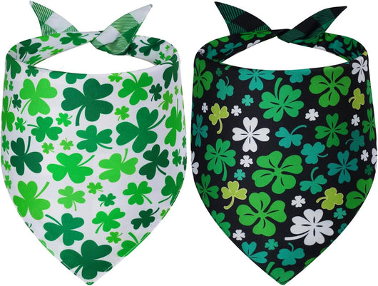Two green, white and black shamrock dog bandanas for large dogs to wear at St Patrick’s Day parties and holiday photoshoots