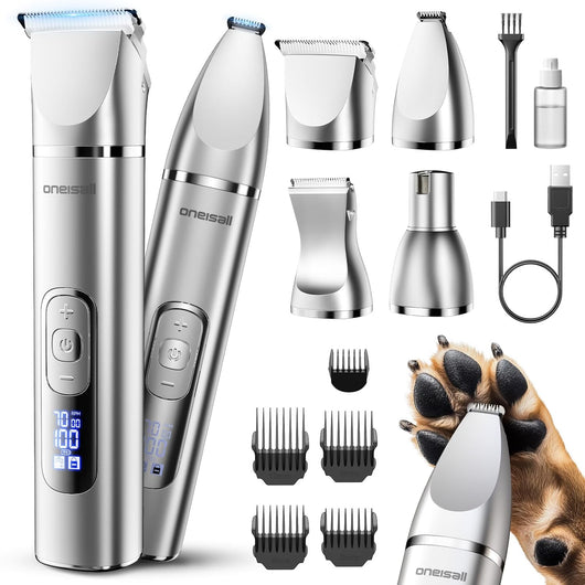 oneisall 4-in-1 cordless dog grooming kit with LCD display, pet hair trimmer, paw trimmer, and nail grinder