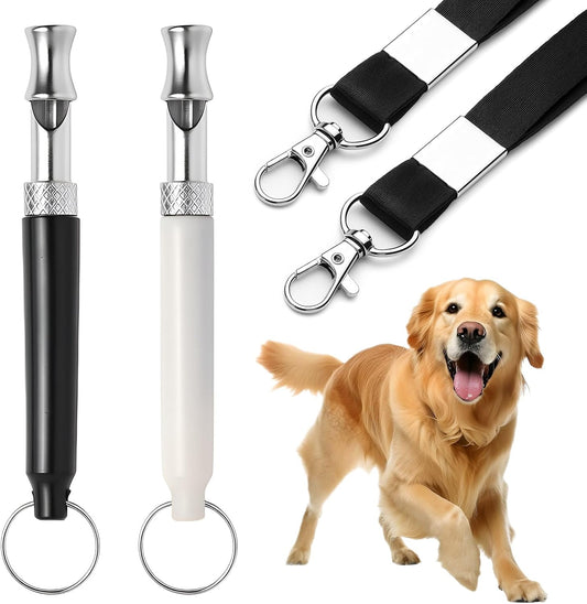 Black and white adjustable ultrasonic dog training whistles with lanyards