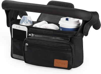 Universal stroller organizer bag with insulated cup holder and detachable phone pouch