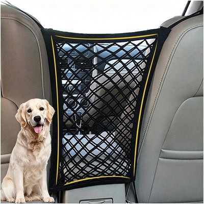 Stretchable dog car barrier mesh with built-in storage organizer installed between front seats to keep pets safely in the back during travel.