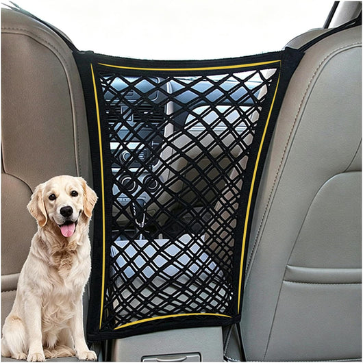 Stretchable dog car barrier mesh with built-in storage organizer installed between front seats to keep pets safely in the back during travel.