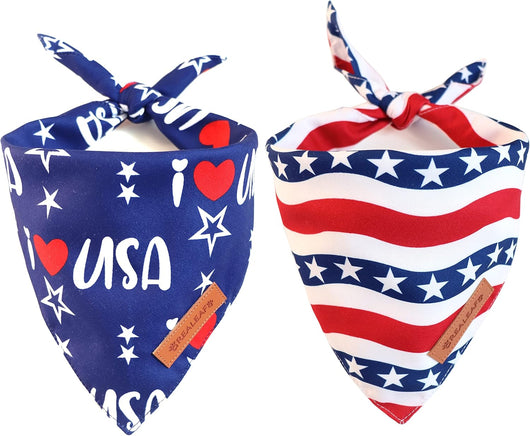 Two red, white and blue patriotic dog bandanas featuring USA lettering, stars and stripes for 4th of July celebrations