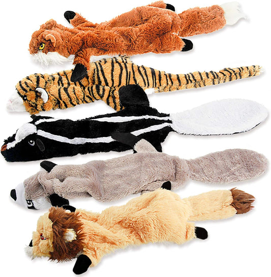Stuffing-free squeaky woodland dog toys bundle for chew, fetch, tug, and interactive play