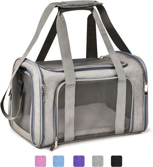 Airline approved soft pet travel carrier with breathable mesh panels, padded shoulder strap, and foldable waterproof design for small dogs and puppies.