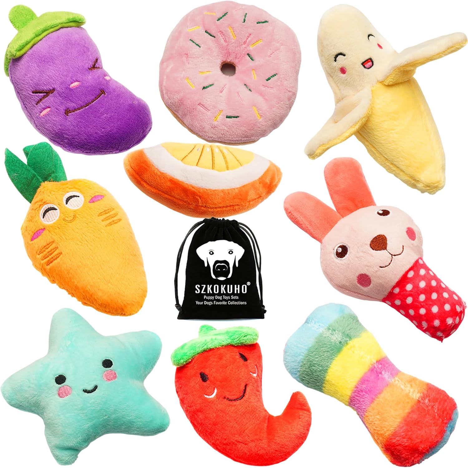 Colorful squeaky plush puppy toy pack for small dogs, light chew, fetch, and interactive play