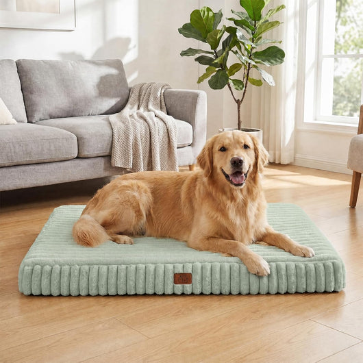 Large golden retriever resting on a mint green orthopedic dog mattress