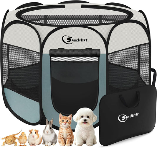 Portable puppy playpen with mesh sides for indoor and outdoor use