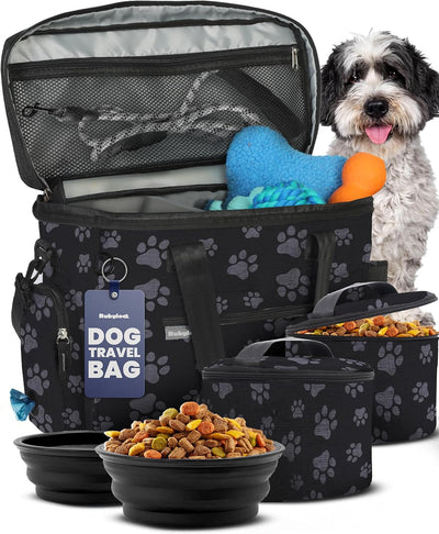Black paw print dog travel bag with collapsible bowls and food containers