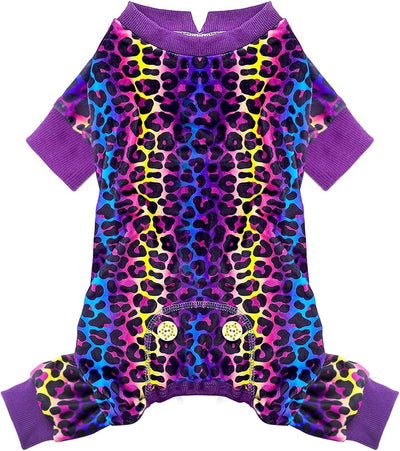 Multicoloured rainbow leopard velvet dog pajamas with purple ribbed neck and four-leg cuffs on a white background