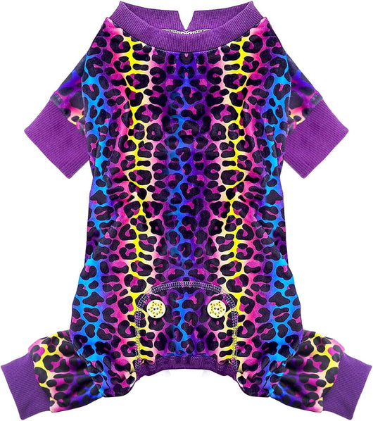 Multicoloured rainbow leopard velvet dog pajamas with purple ribbed neck and four-leg cuffs on a white background