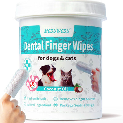 Coconut dog dental finger wipes in 60-count resealable container for toothbrush-free teeth cleaning