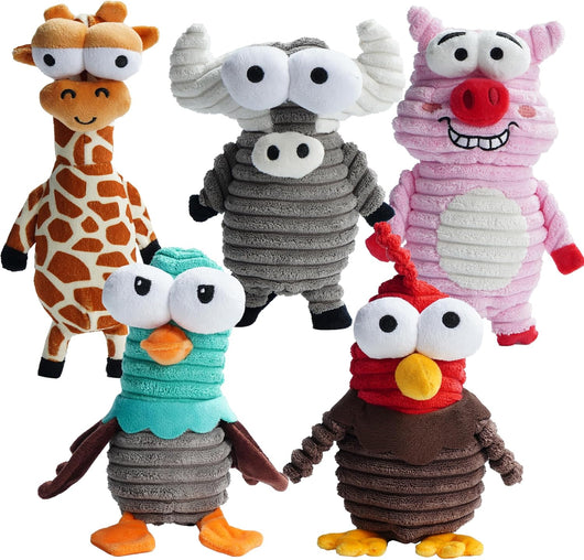 Five-pack of squeaky critter dog toys for puppy chew and interactive play